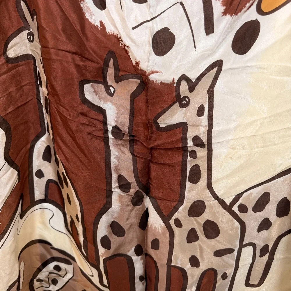 Vintage Giraffe Print Silk Scarf Brown Tan Safari Art Deco Boho Eclectic Artsy